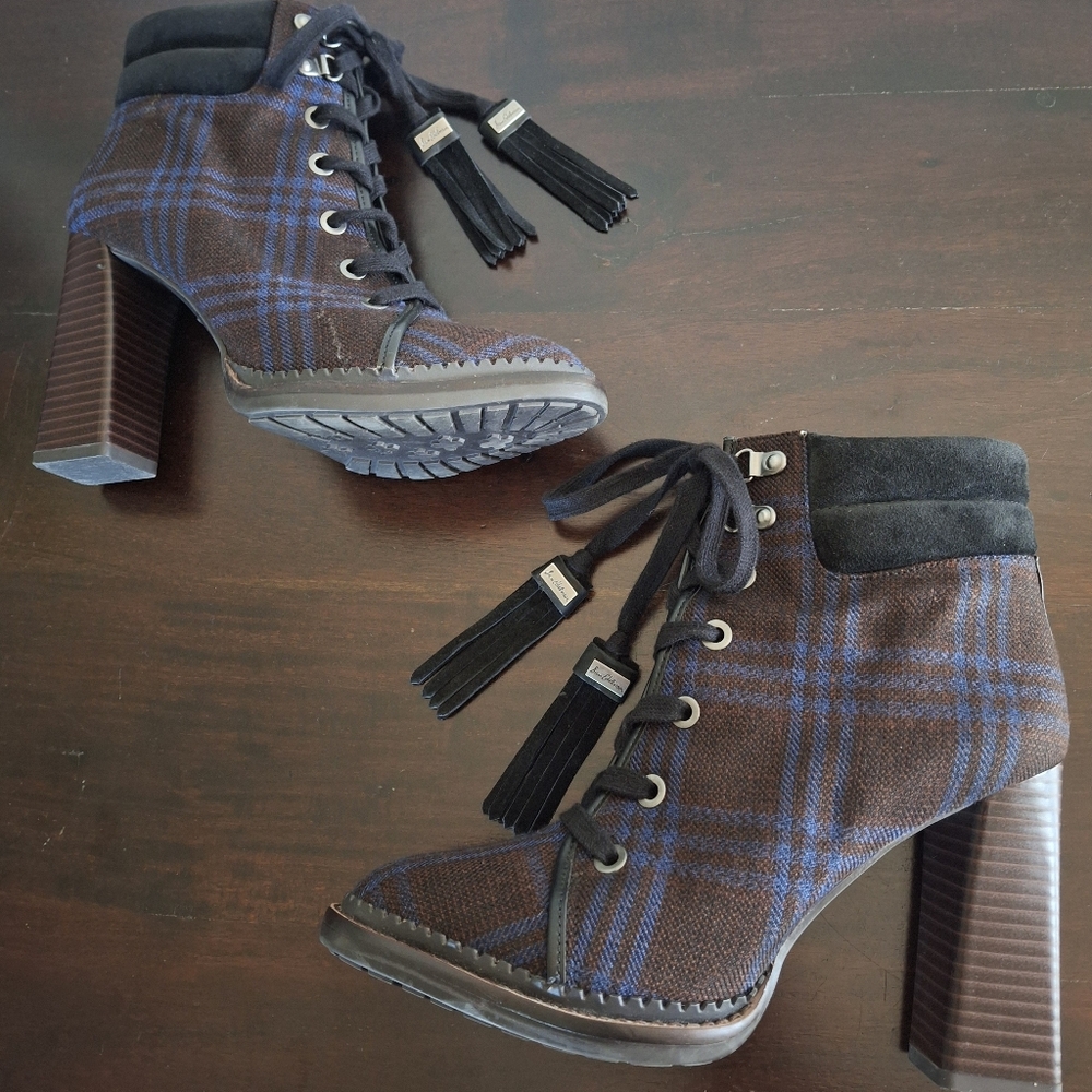 SAM EDELMAN "Sondra" Blue Plaid Stacked Heel Booties - Size 7